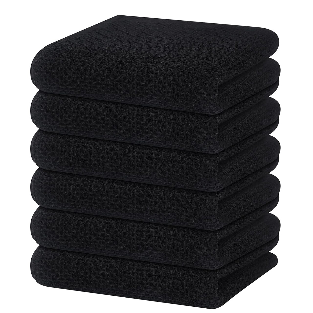 100% Cotton Waffle Weave Kitchen Dish Towels, Ultra Soft Absorbent Quick Drying Cleaning Towel, 13 x 28 Inches, 6-Pack, Black